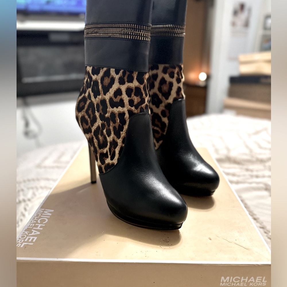 Michael Kors Black and Leopard print mid calf boots